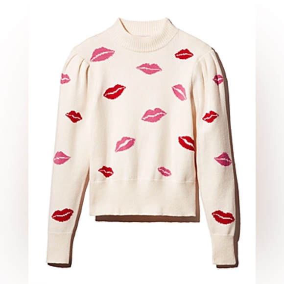 Kate Spade Lips Mockneck Sweater XL White/Pink/Red - Picture 2 of 9
